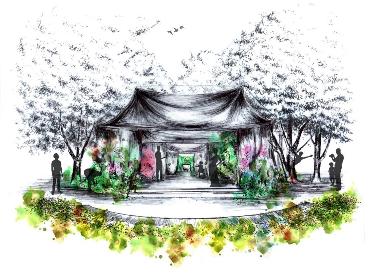 SEVE - dessin d'une tente type barnum installée dans un jardin avec des gens en ombres